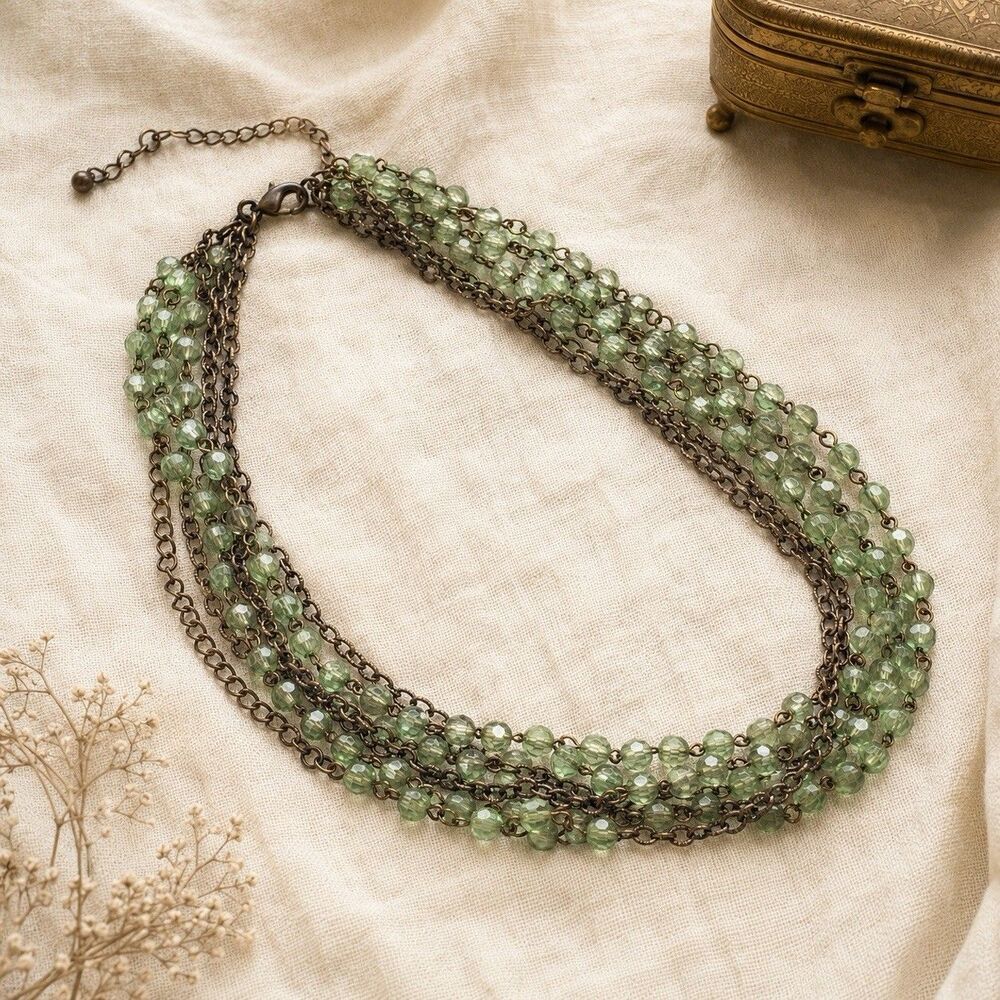 Vintage Green Beaded Multi Strand Necklace Antiqued Bronze Chain Boho Statement
